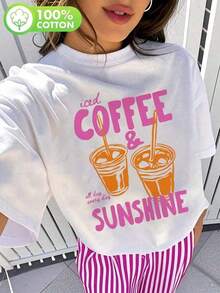 Soft 100%CottonSoft 100%CottonT-Shirt100% Pure Cotton Summer New StyleWomen's Pure Cotton T-Shirt For Summer, Coffee Print T-Shirt With Summer Vibe, Short-Sleeved Top With Iced Coffee And Sunshine Print, A Gift For Coffee Lovers.Machine Washable. A Gift For Relatives, Brothers, Friends, Parents, Or Teachers.Breathable Cotton Tee, All Matchcoolcool - 白色 - 查看 1