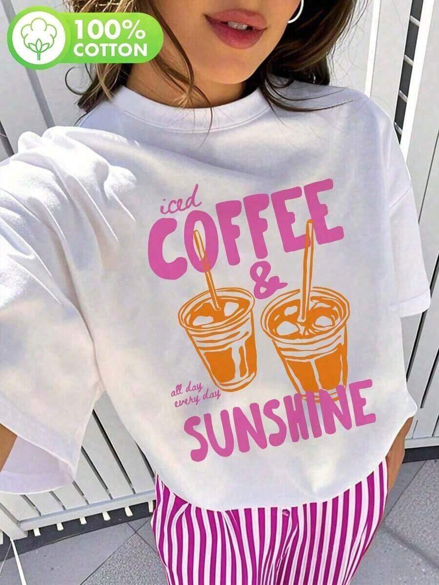 Soft 100%CottonSoft 100%CottonT-Shirt100% Pure Cotton Summer New StyleWomen's Pure Cotton T-Shirt For Summer, Coffee Print T-Shirt With Summer Vibe, Short-Sleeved Top With Iced Coffee And Sunshine Print, A Gift For Coffee Lovers.Machine Washable. A Gift For Relatives, Brothers, Friends, Parents, Or Teachers.Breathable Cotton Tee, All Matchcoolcool - 白色 - 查看 1