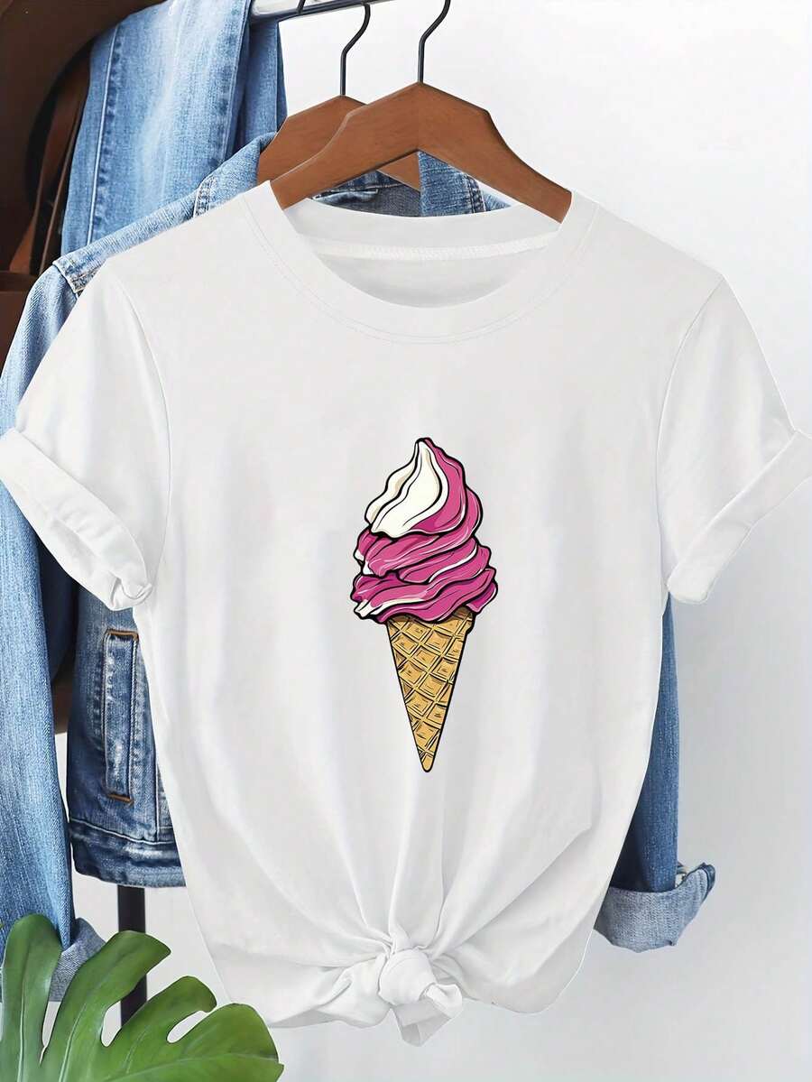 Women's Vintage Ice Cream Print T-Shirt - Soft Short Sleeve Round Neck Blouse With Swirls, Suitable For Summer And Spring, Casual Top With Retro Candy Design, Machine Washable, Not Suitable For Parties, Outfits, Or Casual Wear - 白色 - 查看 1