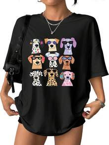 Casual Cotton T-Shirts For Spring/Summer, For Men And Women, Featuring A Dog Wearing Sunglasses. Stylish Dog Print, Soft And Comfortable Fabric, Versatile Casual Wear, Great As A Gift, Available In Local Stock. FV5D - 黑色 - 查看 12
