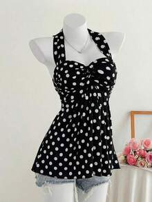 Top de tirantes con estampado de lunares marrones y detalle de nudo en la espalda para mujer, adecuado para verano, vacaciones de primavera, ceremonia de graduación, fiesta de boda, vacaciones elegantes, playa casual, estilo Y2K lindo y sexy y - Negro 2 - Ver 3