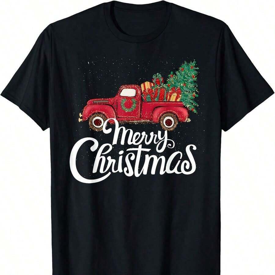 Christmas Tree Truck Design T-Shirt 220G Classic Cotton T-Shirt, 220g, Simply Perfect. Suitable For All People, Whether Women Or Men. Durable, High-Quality Fabric Suitable For All Sewing Needs, Soft To The Touch But Designed To Last. Breathable Tops. Autumn Outfits For Women. Vacation Outfits For Women. Halloween Costume For Women. - 黑色 - 查看 1