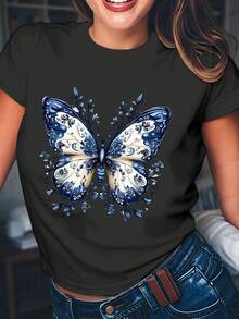 Women's Pure Cotton T-Shirt, Loose Casual Style, With Blue Butterfly Print, Summer Clothes For Women, Casual Short Sleeve T-Shirt For Friends And Girls - Light Urban Fashion. - 黑色 - 查看 1