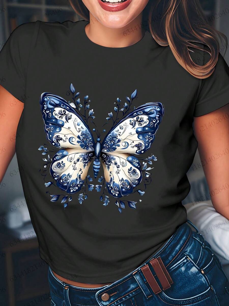 Women's Pure Cotton T-Shirt, Loose Casual Style, With Blue Butterfly Print, Summer Clothes For Women, Casual Short Sleeve T-Shirt For Friends And Girls - Light Urban Fashion. - 黑色 - 查看 1