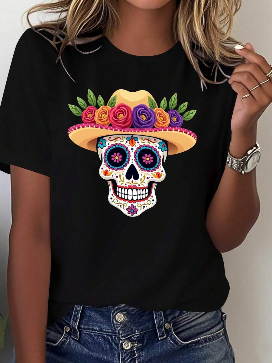 Women's T-Shirt With Mexican Skull Design - Solid Color Short Sleeve T-Shirt With Colorful Floral And Skull Prints, Casual Wear Inspired By Day Of The Dead, Machine Washable White T-Shirt, Suitable For Day Of The Dead Celebrations. Women's T-Shirts - 黑色 - 查看 1