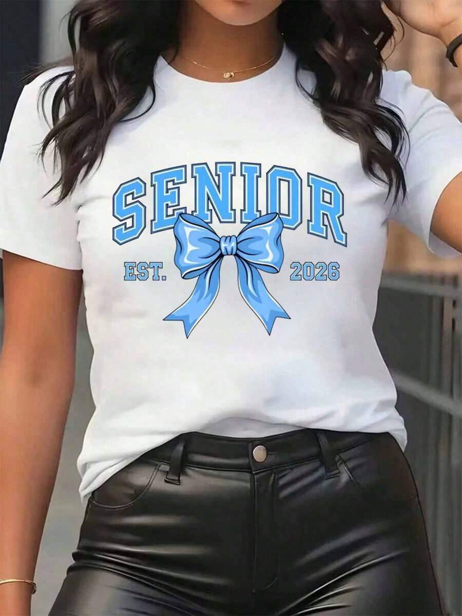 New Arrivals For Summer. Women's Senior Est T-Shirt, Fashionable, With Blue Bow Print, Round Neck, Casual Everyday Wear, Soft And Comfortable, Festival Blouse, Shirt > Beautiful. - 白色 - 查看 1