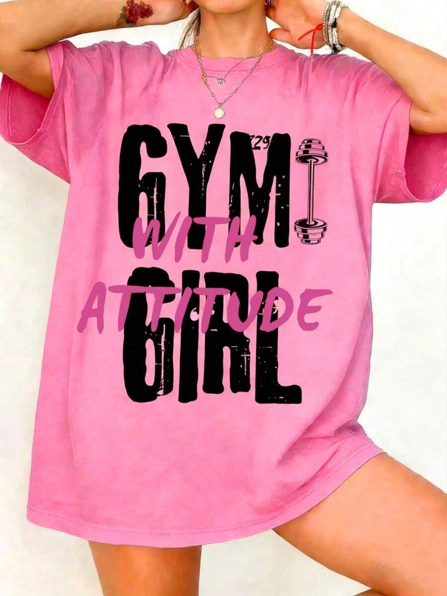 Camiseta de manga corta de cuello redondo con estampado "GYM GIRL" de corte holgado, de verano casual en color rosa - Rosa - Ver 1