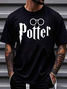 camisetas para hombre Warner Bros Potter T Shirt With Glasses And Lightning Bolt Design Unisex Casual Wear  Fans Birthday Gift Idea,220g Barra mágica masculina  y camiseta impresa de manga corta con logotipo de la academia, verano - Negro - Ver 1