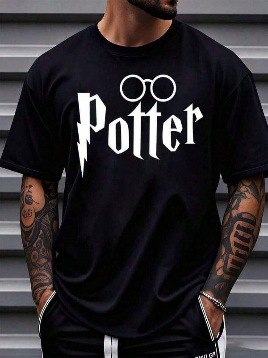 camisetas para hombre Warner Bros Potter T Shirt With Glasses And Lightning Bolt Design Unisex Casual Wear  Fans Birthday Gift Idea,220g Barra mágica masculina  y camiseta impresa de manga corta con logotipo de la academia, verano - Negro - Ver 1
