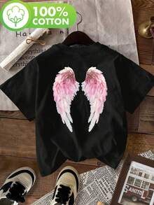 Camiseta de edición limitada con estampado gráfico de alas de en rosa, manga corta, cuello redondo, estilo casual para verano y primavera, ropa de mujer, algodón ligero. - Negro - Ver 12