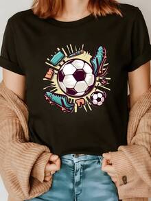 A Soccer Ball Surrounded By Sports Boots And Accessories Symbolizing Energy, Passion, And Teamwork; A Comfortable And Modern Women's T-Shirt For Sports Lovers - 黑色 - 查看 1