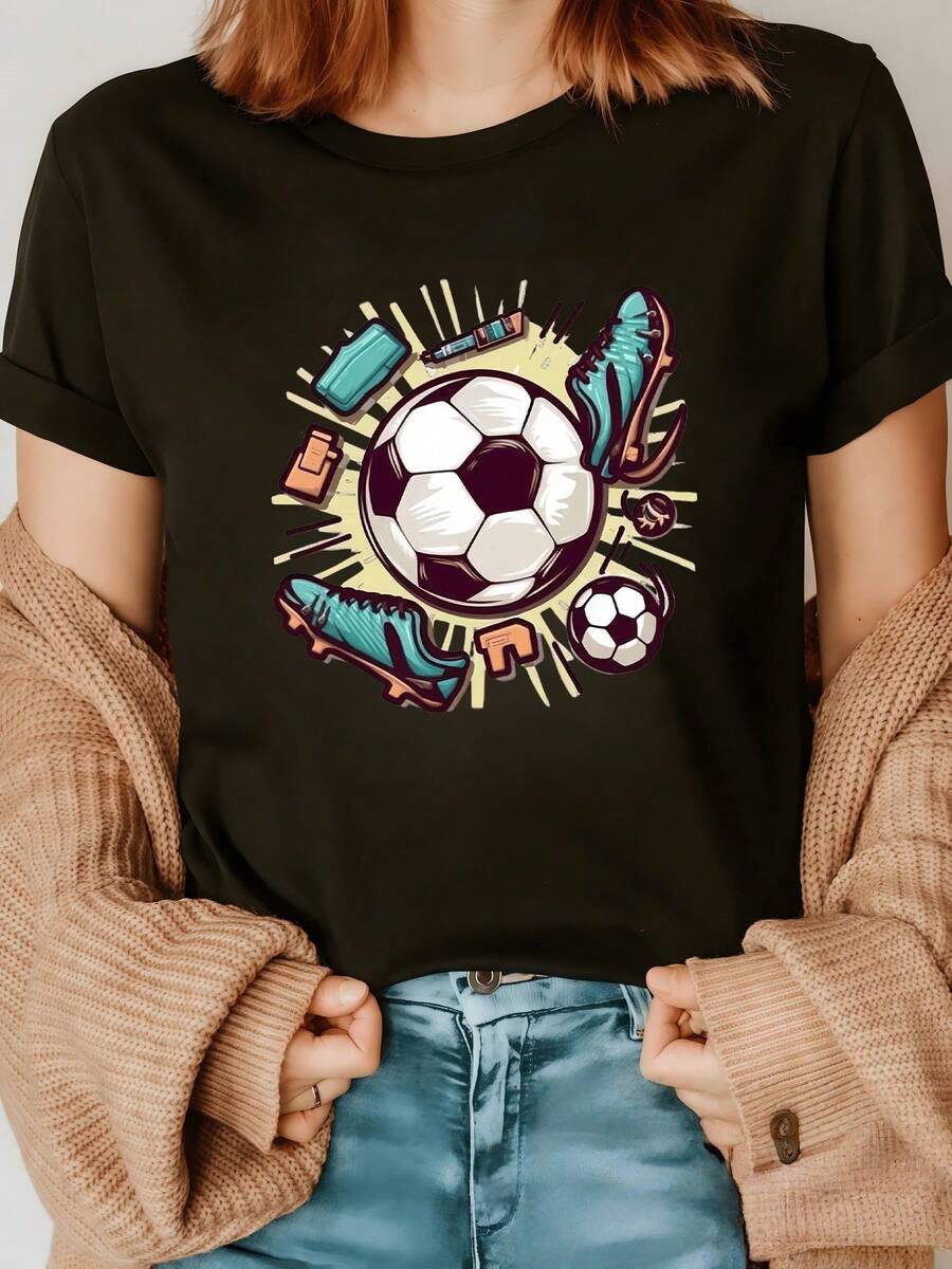 A Soccer Ball Surrounded By Sports Boots And Accessories Symbolizing Energy, Passion, And Teamwork; A Comfortable And Modern Women's T-Shirt For Sports Lovers - 黑色 - 查看 1