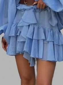 Vestido corto francés primavera 2026, cintura alta, mangas abullonadas y volantes - Azul - Ver 3