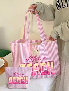 “Life's A Beach”印花 - 复古粉白条纹帆布手提包,女士大容量条纹沙滩托特包,旅行沙滩包兼时尚购物单肩包,可折叠帆布单肩手提包,防水防沙旅行包,夏季必备单品,适合海滩旅行、泳池派对、购物和日常使用,适合女性、旅行者和海滩爱好者,也适合复活节、教师节和假期等场合。 - 彩色 - 查看 18