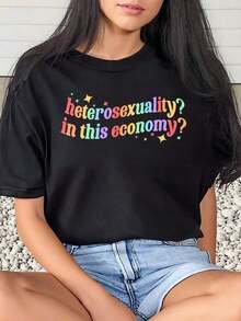 1 Piece Women's T-Shirt With Rainbow Text Print 'Heterosexuality In This Economy' For Pride Month, Casual, Round Neck, Short Sleeve, Soft And Comfortable, 220 G/M², 180 G, 100% Cotton - 黑色 - 查看 6
