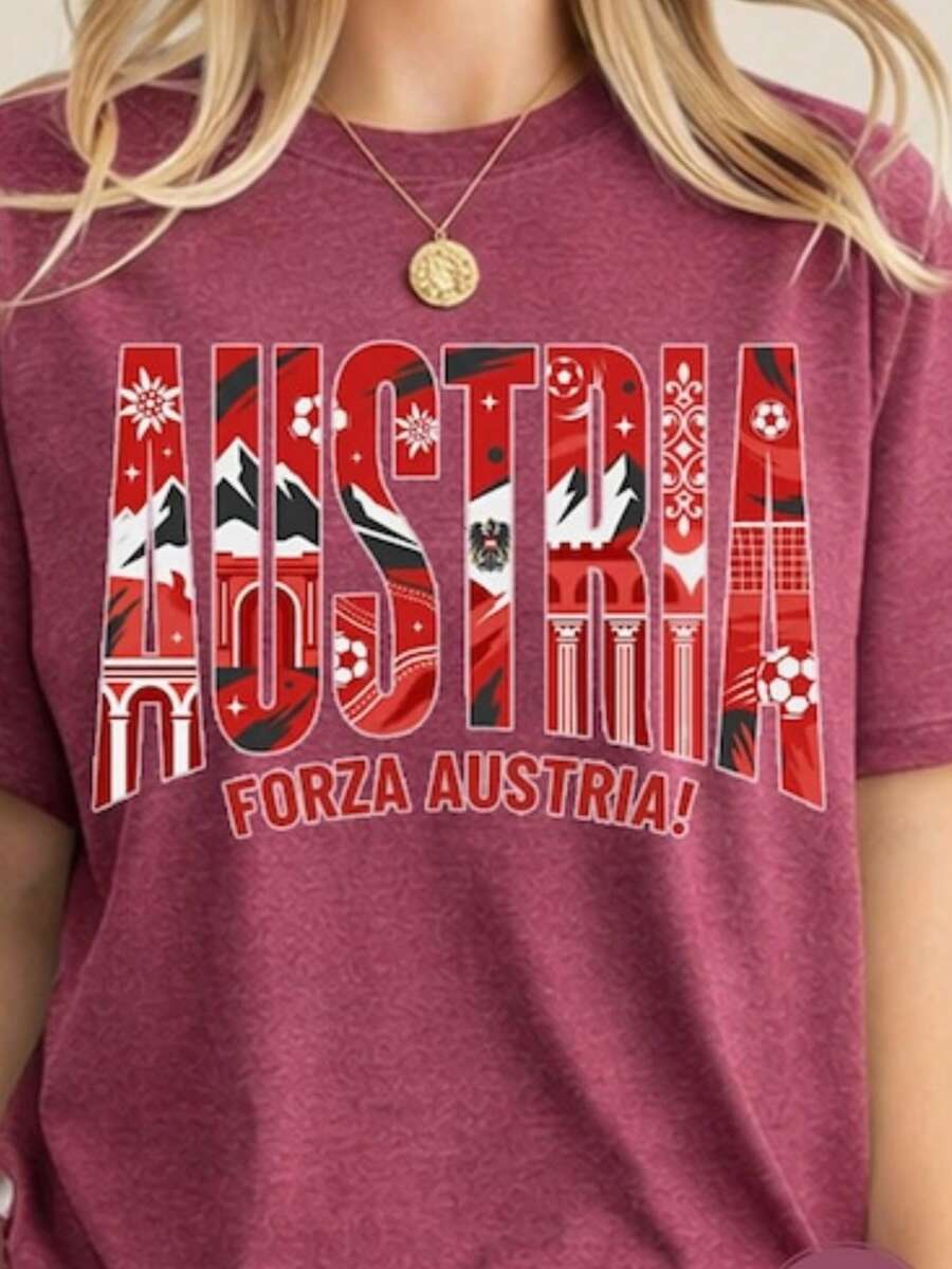 World Cup 2026 Country Teams Shirts, National Football Nations Shirts Austria Camiseta informal de moda con estampado creativo para mujer, de manga corta y cuello redondo, para primavera y verano T-Shirt Women Festive Celebration Shirt Party Wear Top - Multicolor - Ver 1