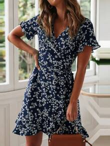 Women's Bohemian Floral Print Ruffle Dress, Sexy Chiffon Mini Dress With V-Neck And Short Sleeves, For Beach Vacation, 2022 - 黑色 - 查看 8