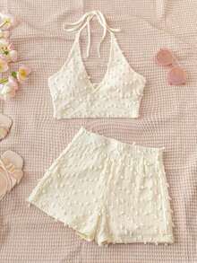 Conjunto de 2 piezas de top hálter de textura de ganchillo con estampado de lunares blancos y shorts de cintura elástica, para mujer en vacaciones de verano, estilo casual de playa - Multicolor - Ver 7