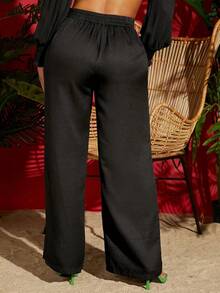Pantalones negros anchos de verano con cintura de cordón sólido - Negro - Ver 2