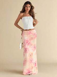 Falda de malla con estampado floral rosa de cintura media-baja para mujer de  , adecuada para la temporada de bodas, temporada de graduaciones, salidas nocturnas, actividades de fiesta, viajes, festivales, falda elegante para mujer, falda rosa. - Marrón - Ver 12