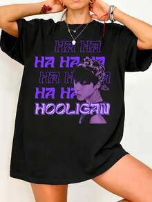 BT.S Jimin Hooligan T-Shirt, Purple Graphic Photo T-Shirt. Vintage Graphic Print Casual Black Cotton Short-Sleeve T-Shirt. - 黑色 - 查看 6
