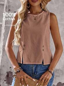 Camisa sin mangas de unicolor con diseño de botones para mujer - Rosa vieja - Ver 9