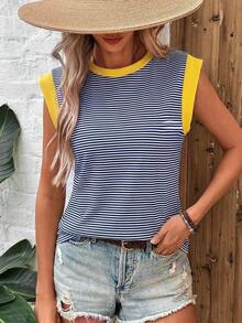 Camiseta casual de mujer con bloques de color y rayas, de verano - Azul - Ver 5