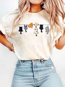 Women's Casual Short Sleeve T-Shirt With Round Neck And Cat Print, Black, Summer - 米色 - 查看 5