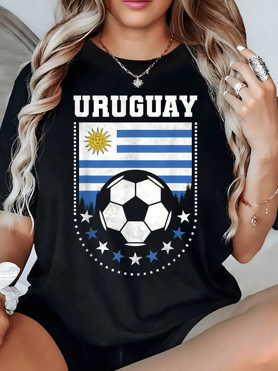 Uruguayan Flag With Radiant Sun And Soccer Ball Symbolizing National Passion And Sporting Pride Alongside Stars Evoking Unity. Comfortable Women's T-Shirt For Modern And Casual Everyday Wear. - 黑色 - 查看 1