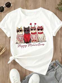1 Piece Christmas Sweater For Cats "Happy Meowventines" Festive T-Shirt For Women With Adorable Kitten Design Valentine's Day Gift 180g 100% Cotton - 黑色 - 查看 10