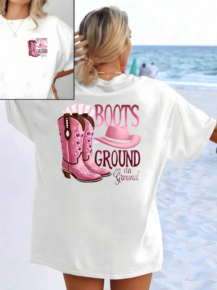 Pink Cowboy Boots And A Hat Symbolize Rural Freedom And Feminine Strength Rooted In The Countryside, Conveying The Essence Of A Free Spirit And A Connection To Simple Living. Women's Double-Sided T-Shirt With Inspirational Art Print. - 白色 - 查看 1