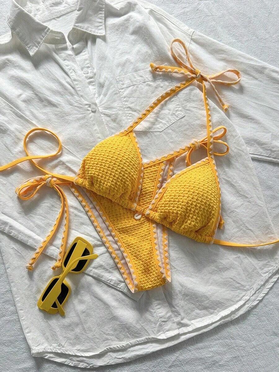 Conjunto de bikini de 2 piezas para mujer de verano con tela jacquard de unicolor, volantes en el borde y tirantes ajustables - Amarillo - Ver 1