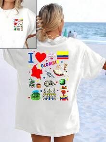 Cheerful Colors Celebrating Colombian Culture With Map, Flag, Flower, Orchid, Emerald, Traditional Dances And Indigenous Symbols. Modern Double-Sided Women's T-Shirt - 白色 - 查看 1