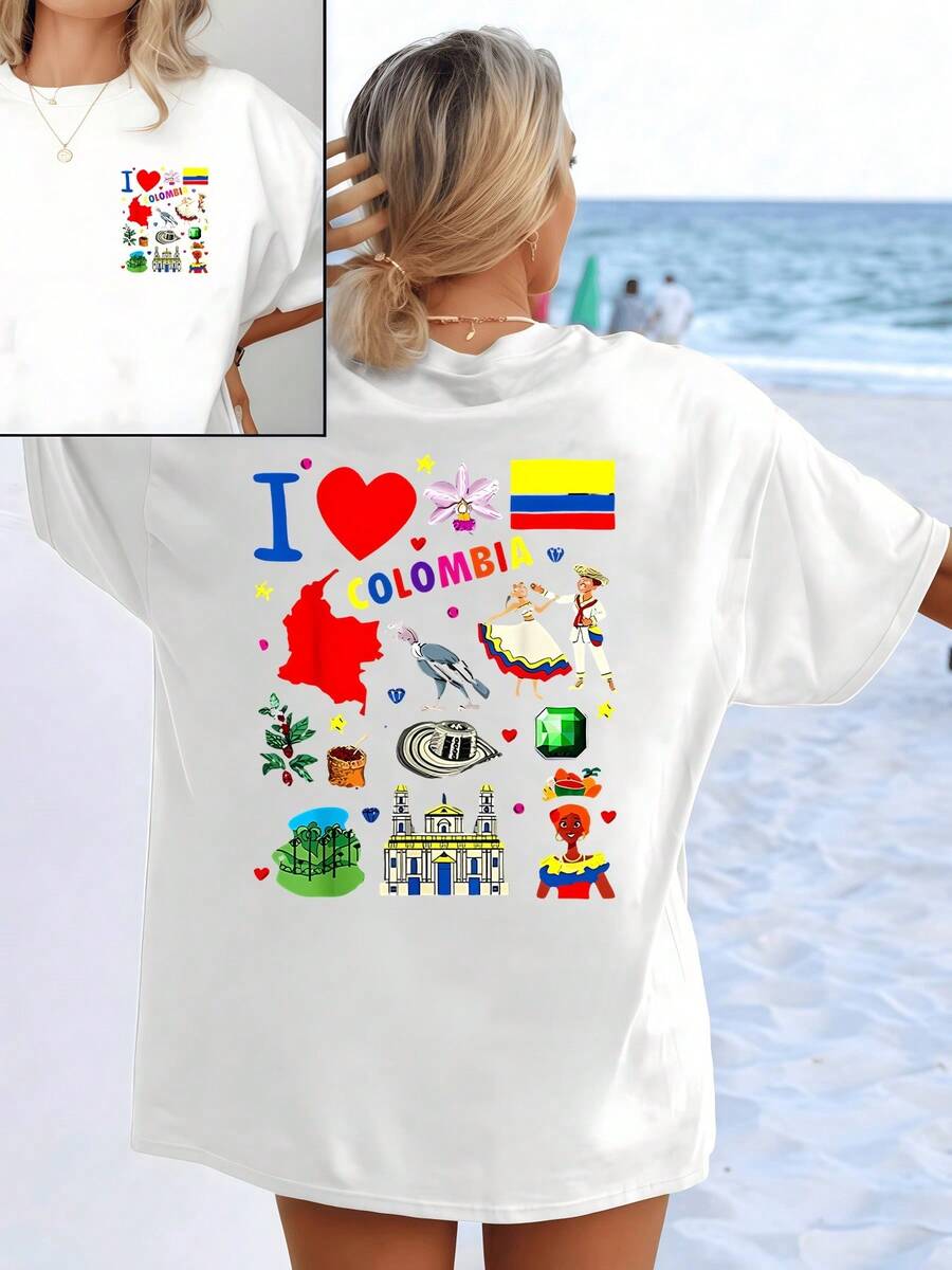 Cheerful Colors Celebrating Colombian Culture With Map, Flag, Flower, Orchid, Emerald, Traditional Dances And Indigenous Symbols. Modern Double-Sided Women's T-Shirt - 白色 - 查看 1