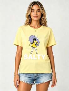 1 Piece Women's Loose-Fitting, Short-Sleeved T-Shirt With A Fun Text Print. Made From 100% Pure Cotton, It's Soft Against The Skin. A Simple Street-Style T-Shirt Perfect For Summer, Work, Or Casual Dates. - 黃色 - 查看 5