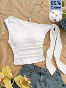 2 piezas Blusa casual de mujer con hombros fruncidos y nudo retorcido, versátil para citas y salidas - Blanco - Ver 9