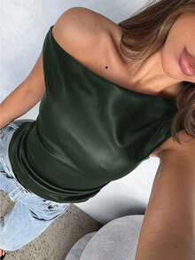 Top para mujer, moda casual de estilo callejero de los 90, primavera y otoño, unicolor, cuello plisado, top de tanque de PU sin mangas, adecuado para salir y fiestas - Verde Oscuro - Ver 7