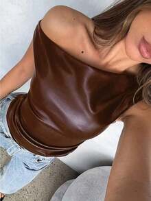 Top para mujer, moda casual de estilo callejero de los 90, primavera y otoño, unicolor, cuello plisado, top de tanque de PU sin mangas, adecuado para salir y fiestas - Café integral - Ver 6