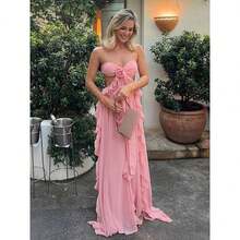 New Women's Summer Maxi Dress, Chiffon With Ruffles And Exclusive Combination, Ideal For Holidays - 粉色 - 查看 9