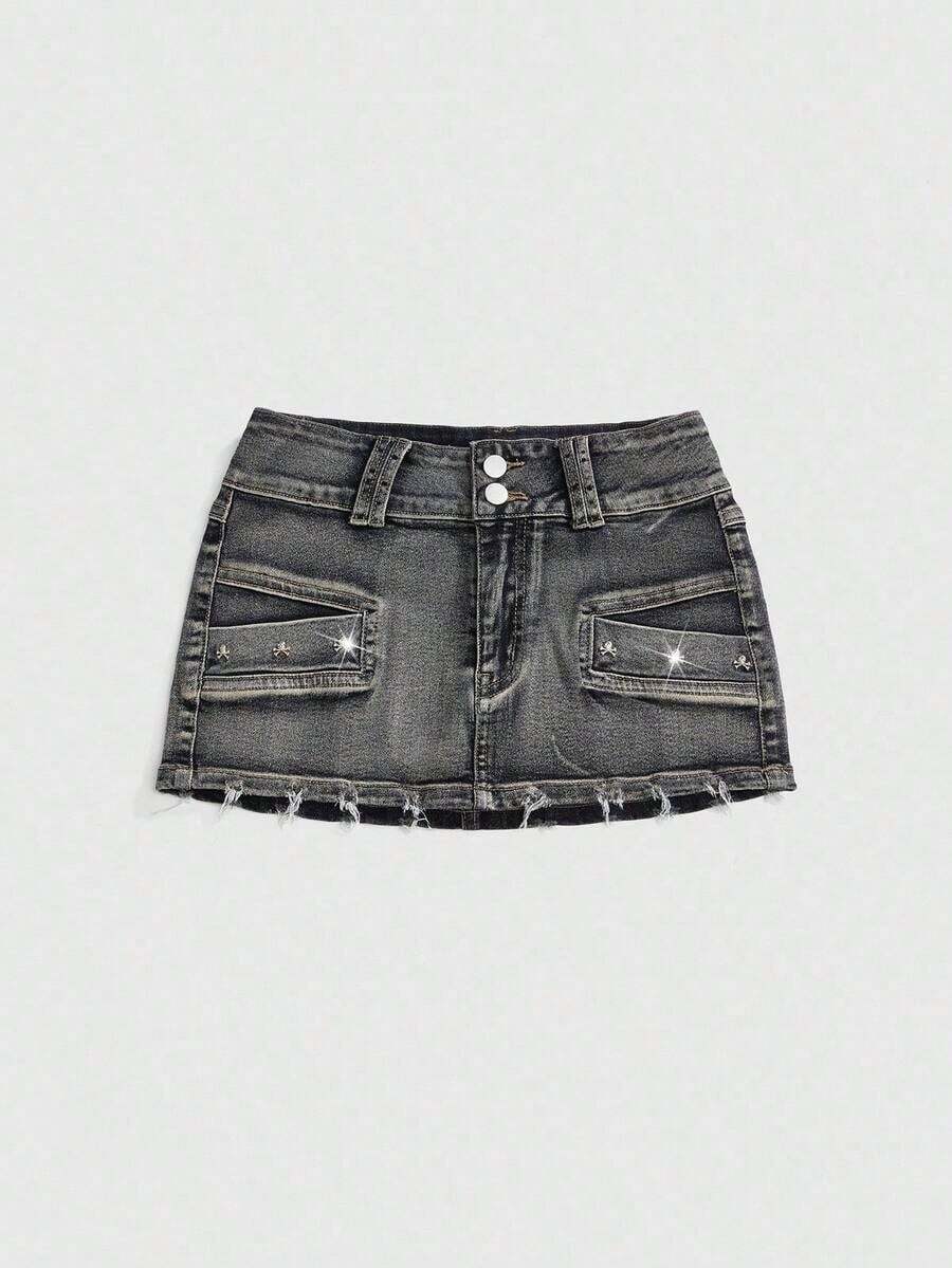 Grunge Punk Minifalda de mezclilla sexy de talle súper bajo con tachuelas y calavera vintage desgastada - Multicolor - Ver 1