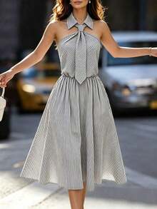 Vestido casual de rayas para mujer, nuevo para el verano, simple y de moda versátil, atuendos de verano, primavera/verano, vacaciones, vestido de vacaciones, silueta en línea A, y elegante, en vacaciones de verano, vestido largo romántico - Blanco y Negro - Ver 3