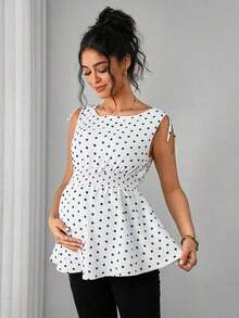 Camiseta de tirantes con estampado de lunares, nudo en los hombros y la cintura, para embarazadas - Azul - Ver 3