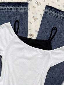 Camiseta de manga corta con estampado de gato negro asomándose en contraste de color, estilo casual y retro, adecuada para el verano - Blanco - Ver 5