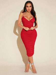 Vestido de punto de corte en V profundo con tirantes finos y ajustado hasta la rodilla para mujer - Rojo - Ver 6