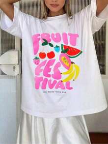 Ropa de Verano Camiseta Blanca Lisa para Hombre |   Camiseta de manga corta con cuello redondo, suave, transpirable y de corte holgado, con estampado gráfico de frutas (fresas, sandía, plátano) y el eslogan "Yes Festival" - Top corto informal para fiestas de verano. - Estilo - Ver 6