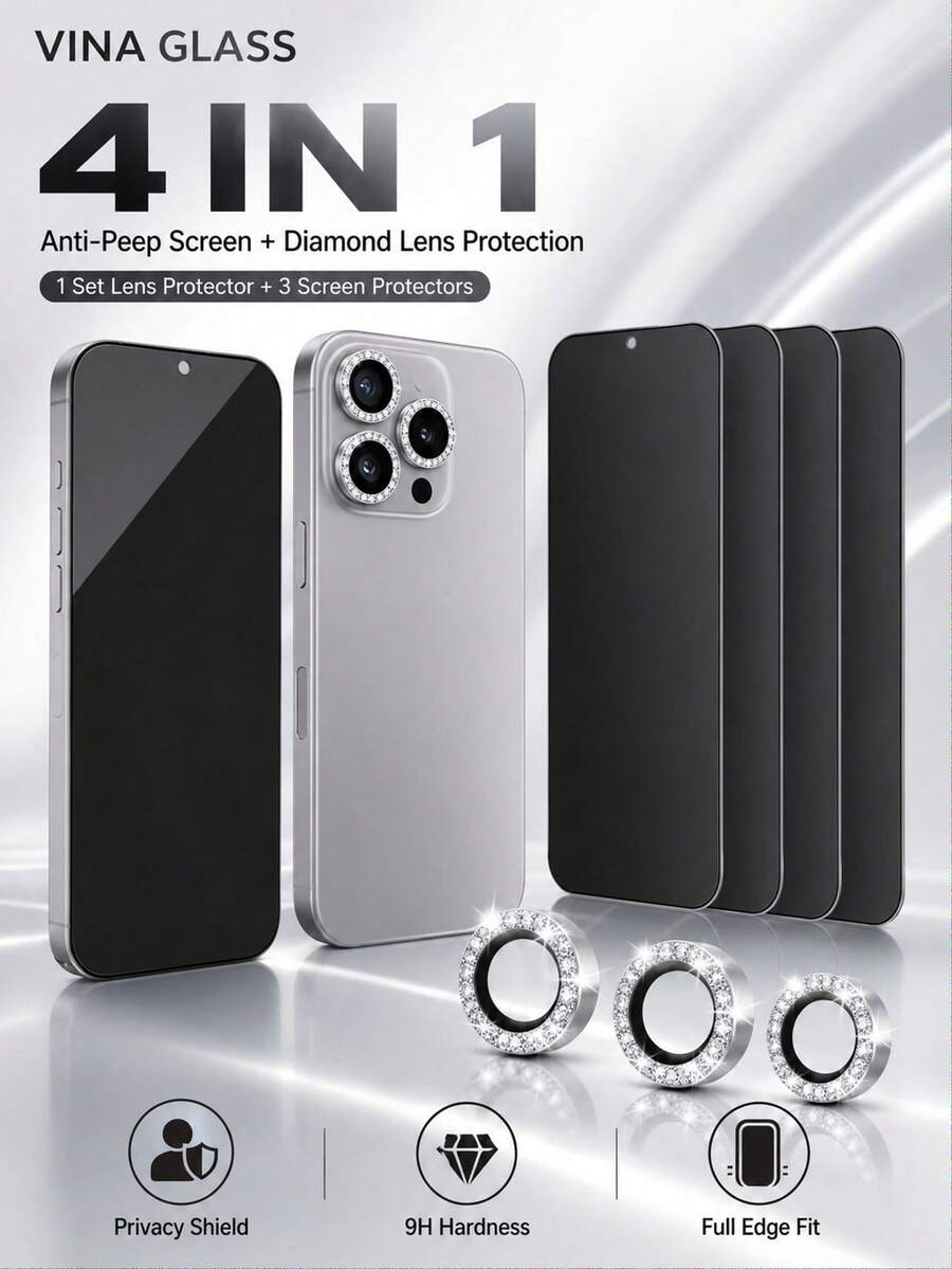 VINA GLASS-4 In 1 Ultra HD Blank Anti-Peep Mobile Phone Screen Protector With 1 Set Rhinestone Eagle Eye Camera Lens Protector,Compatible With IPhone Screen Protector, Phone Accessories, Waterproof Phone Case, Compatible With IPhone Accessories