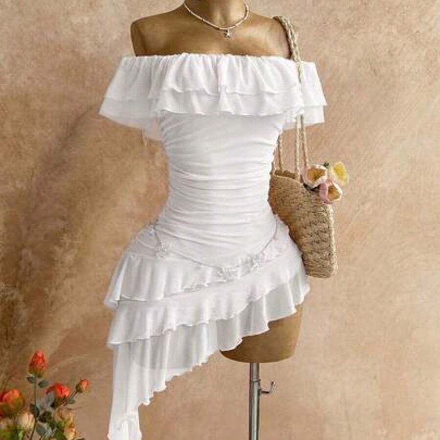 Spring & Summer Vacation Knit Mesh Strapless Fitted Tiered Ruffle Asymmetric Hem Dress, Suitable For Garden Party, Tea Party, Flower Arranging, Date, Bohemian, Boho, Vacation,Summer Dresses For Women - Blanco - Ver 1