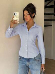 Camisa de manga larga de ajuste ceñido con cintura anudada a rayas rosa, blusa a rayas amarilla para mujer, nueva colección de otoño - Púrpura polvoriento - Ver 6