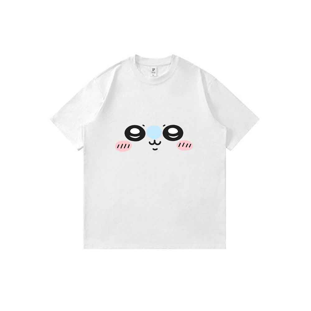 Camiseta unisex de estilo urbano informal de verano con estampado de dibujos animados de anime, con un diseño sencillo y adorable de cara de animal. - Blanco - Ver 1