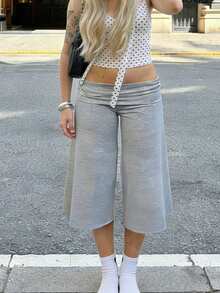 Fold-Over Waistband Flowy Cropped Pants, High Waist Stretchy Knit Wide Leg Trousers, Y2K Beach Daily Wear - Gris Claro - Ver 3